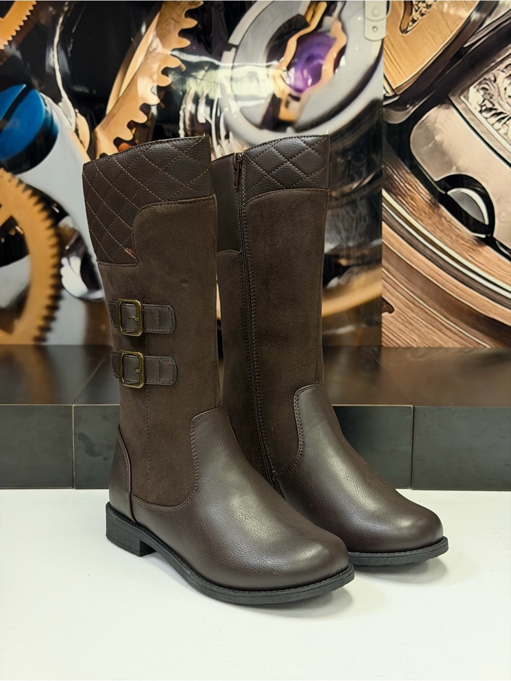 Rachel Shoes Brown Quilted Shaft Kids Mid-Calf Boots